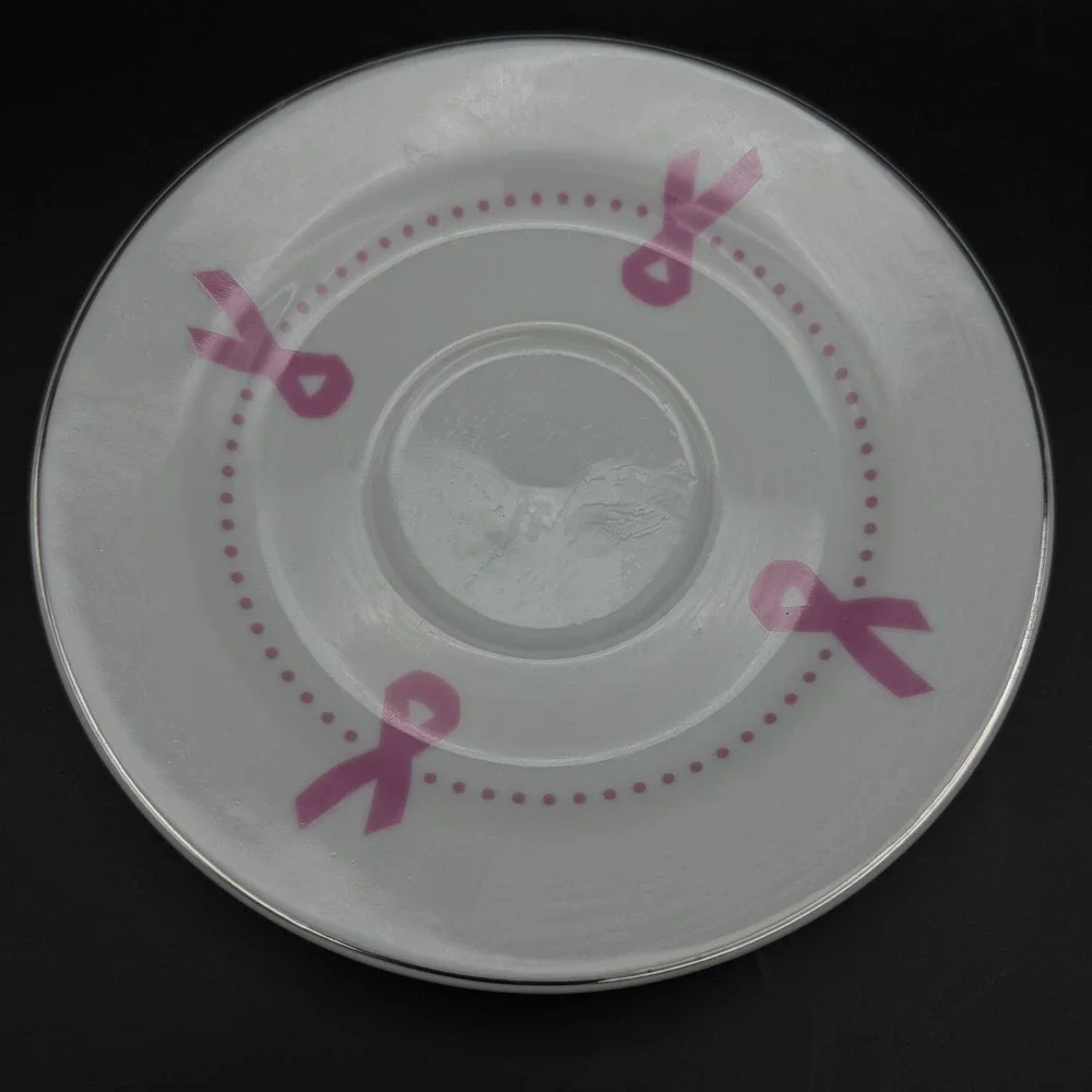 Darice Breast Cancer Awareness Pink Ribbon Tea‎ Cup and Saucer Set Silver Trim